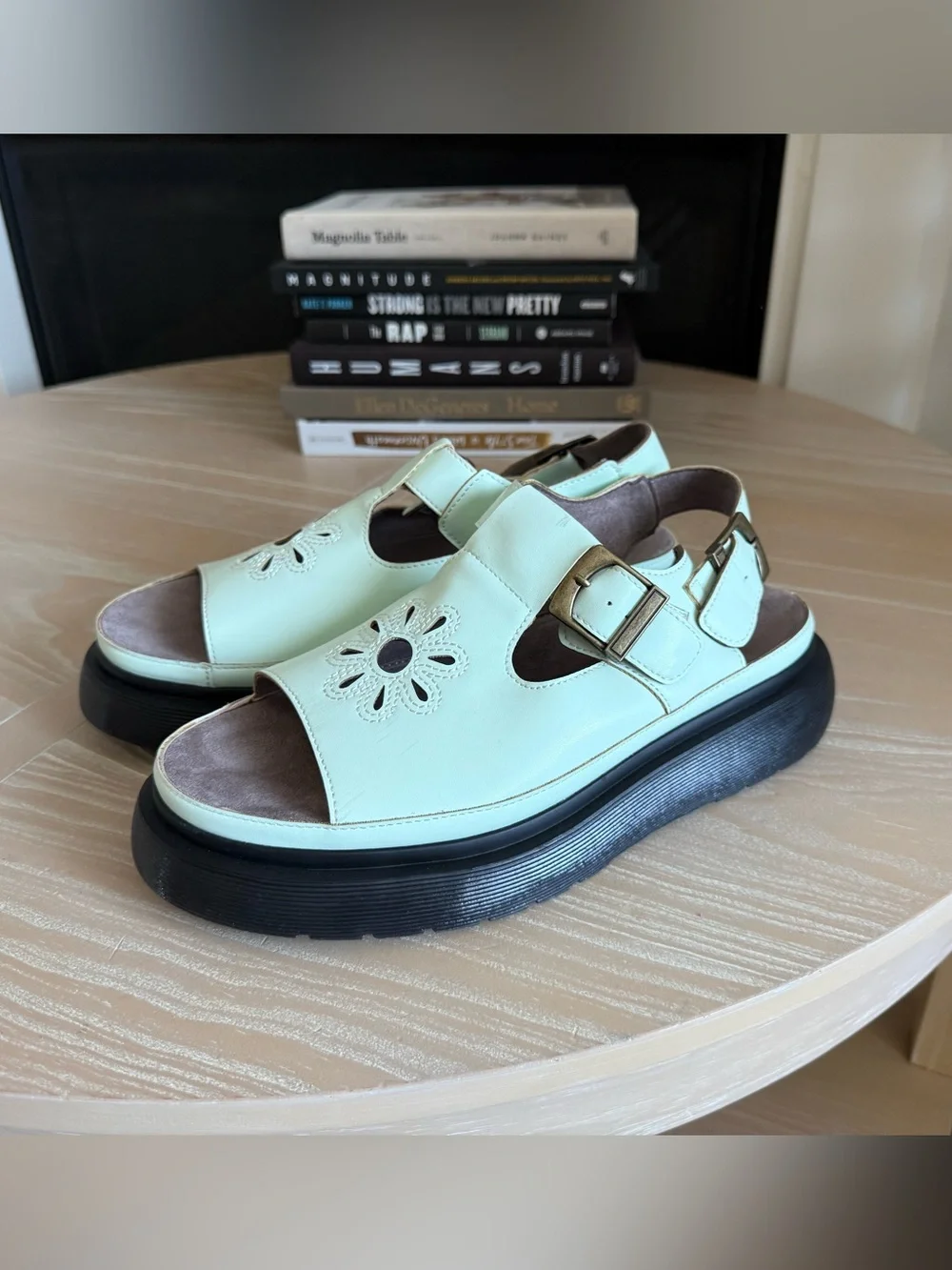 Boutique|Pastel Mint Buckle Chunky Platform Sandals,Faux leather cutout Flower•